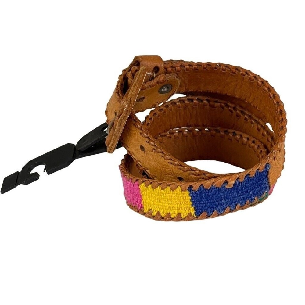 Tooled Leather & Elastic Woven Women's Belt Rainbow Color Fits Medium~Large - Picture 5 of 12